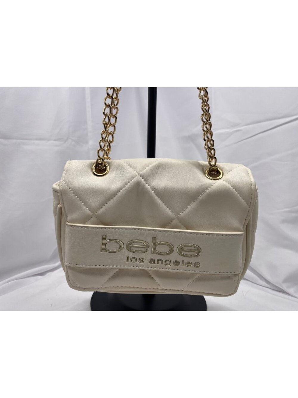 Bebe Ivory Quilted Chain Shoulder Crossbody Bag Gold Logo
